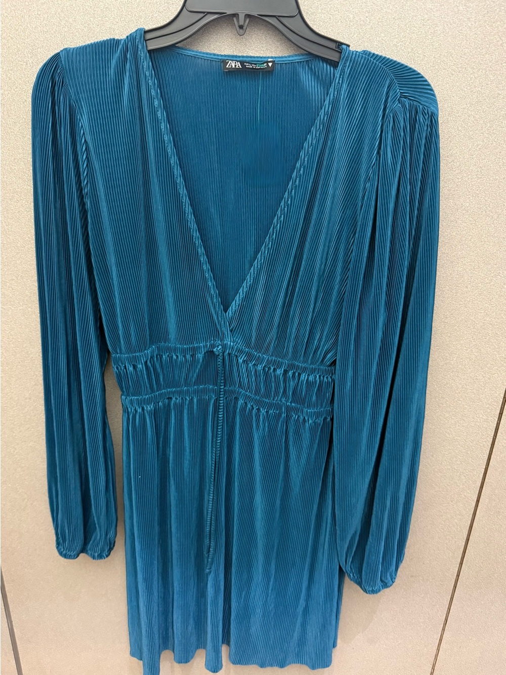 ZARA Teal Ribbed V-Neck Dress